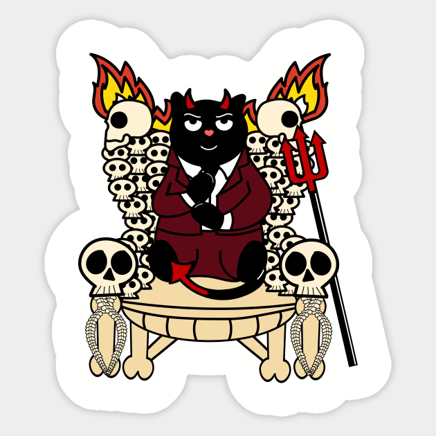 Lord Hiss-ifer Cat with Skull Throne and Pitch Fork for Halloween Sticker by Bitycat